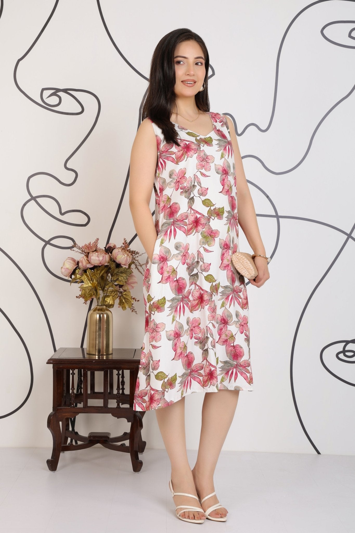 Dusty Rose rayon A Line Printed Dress [100% pure rayon] -Cotton midi dress