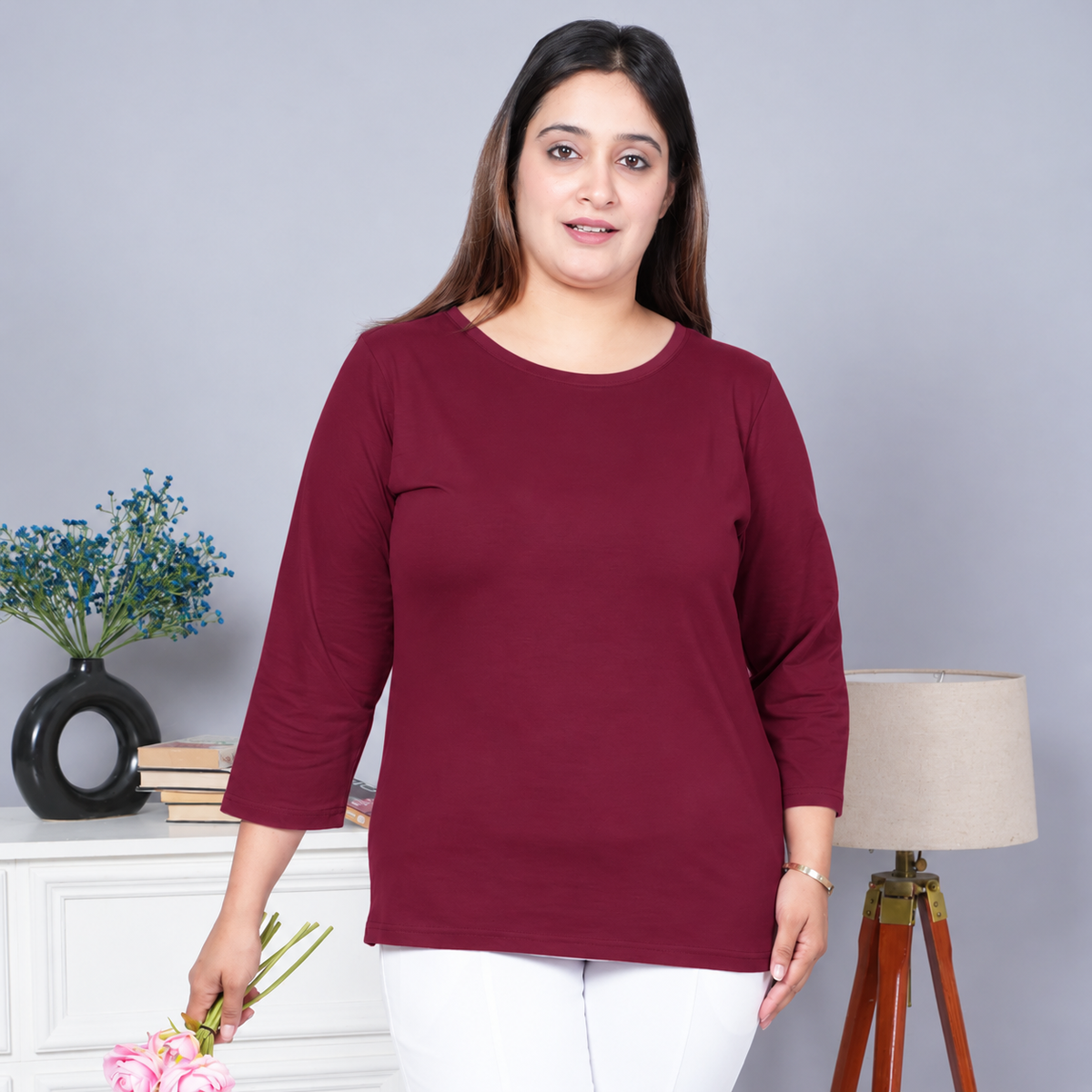 Wine Round Neck Cotton Lycra 3/4 Sleeve T Shirt