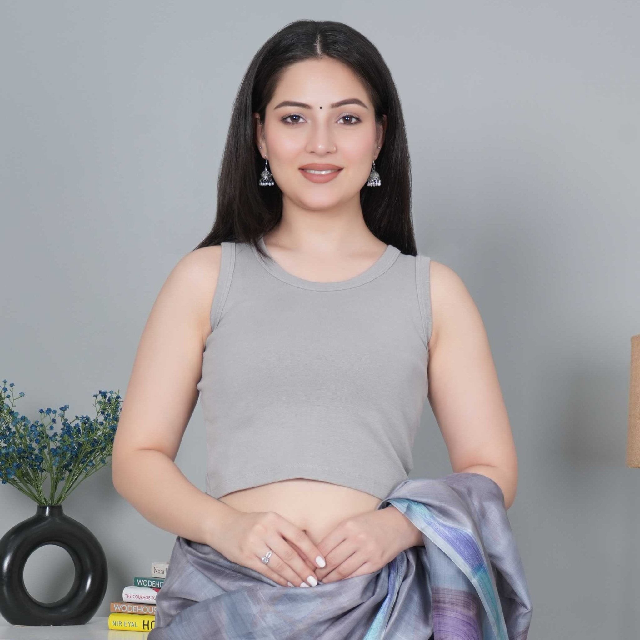 Elephant grey Rib Crop Blouse [ 100% USA HQ Cotton, 280 GSM non transparent fabric ] - Rib crop blouse