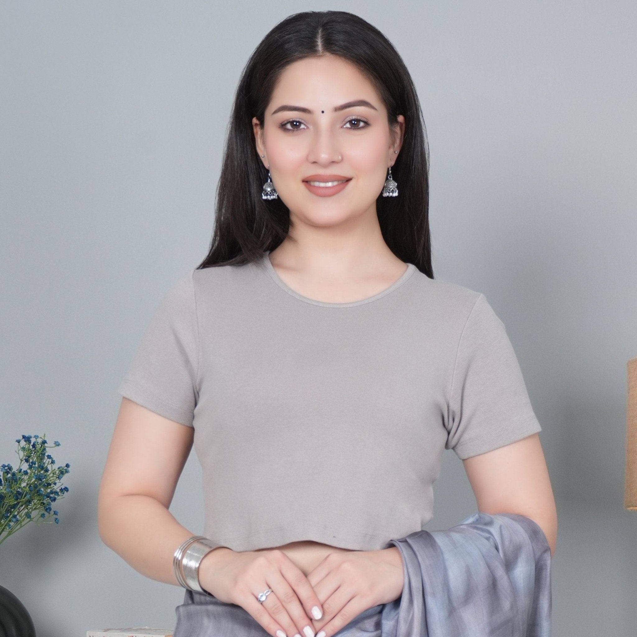 Elephant Grey Rib Crop Tshirt Blouse [ 100% USA HQ Cotton, 280 GSM non transparent fabric ] - Rib crop tshirt blouse