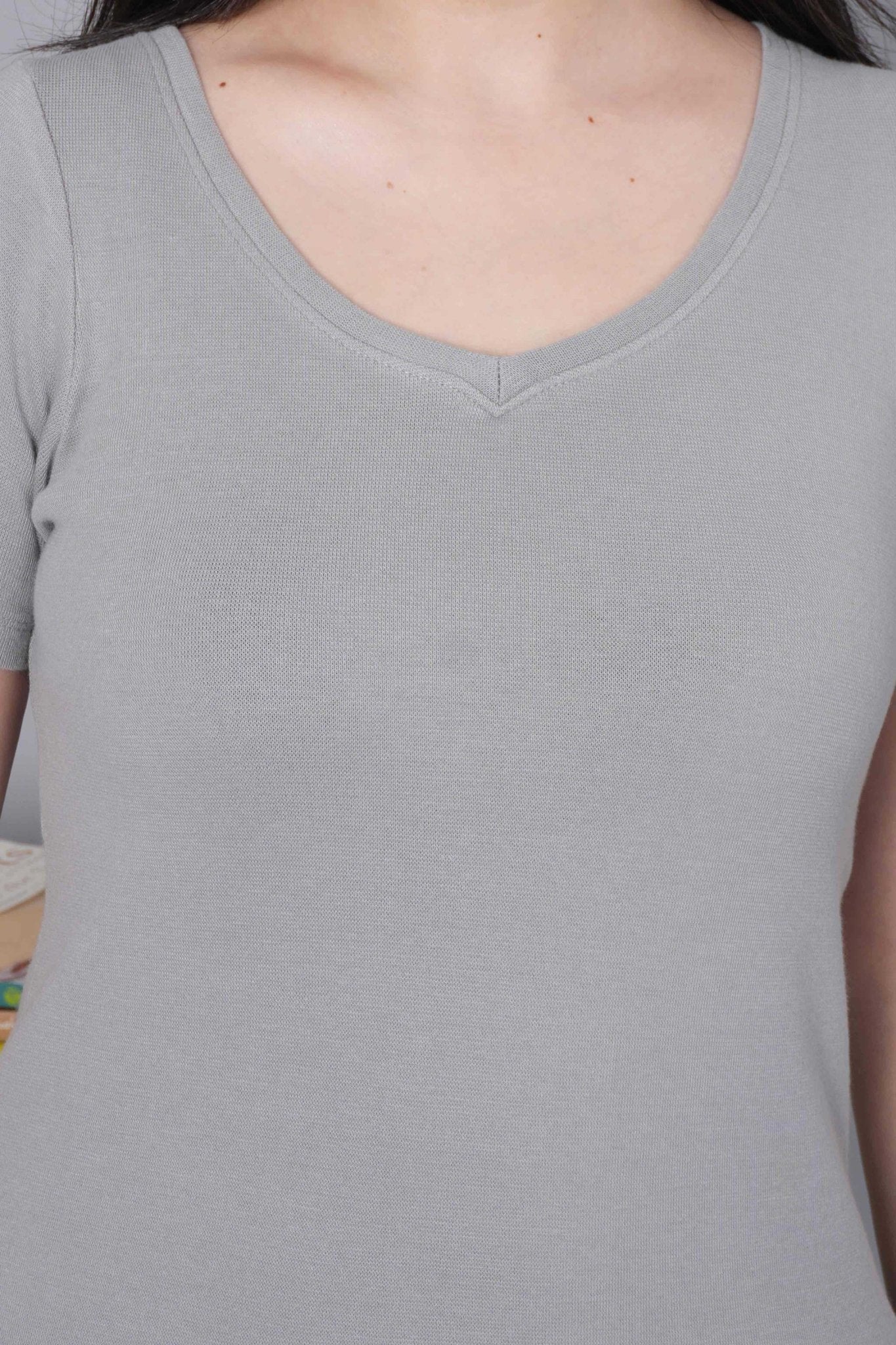Elephant Grey Stretchable V Neck Rib T Shirt [ 100% USA HQ Cotton, 280 GSM non transparent fabric ] - Rib v neck t shirt