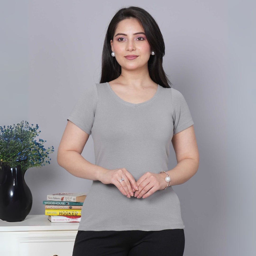 Elephant Grey Stretchable V Neck Rib T Shirt [ 100% USA HQ Cotton, 280 GSM non transparent fabric ] - Rib v neck t shirt