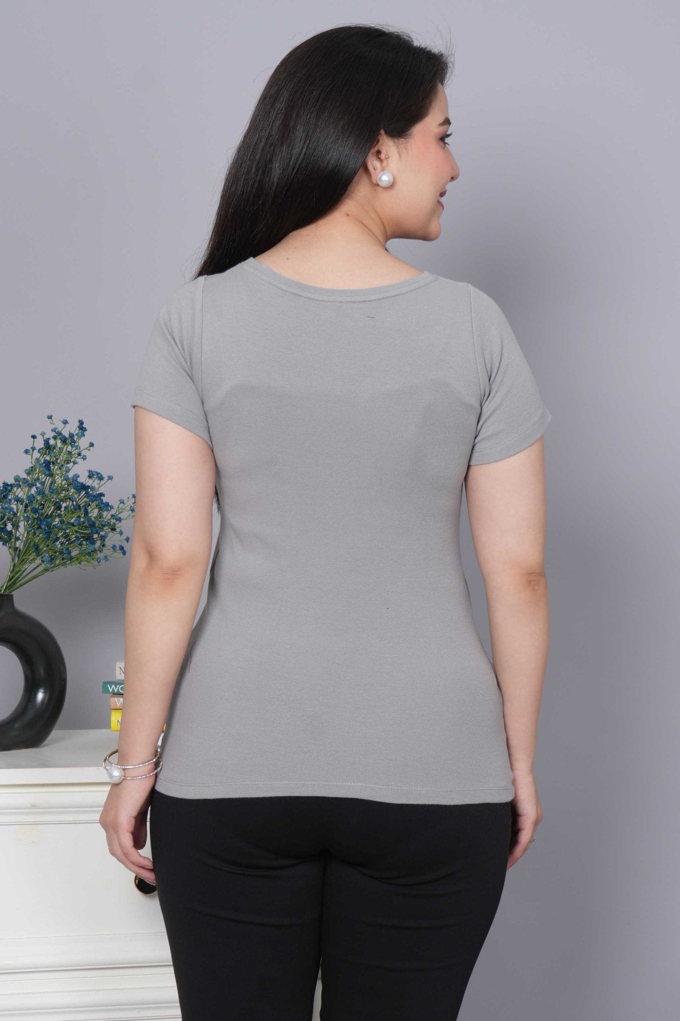 Elephant Grey Stretchable V Neck Rib T Shirt [ 100% USA HQ Cotton, 280 GSM non transparent fabric ] - Rib v neck t shirt