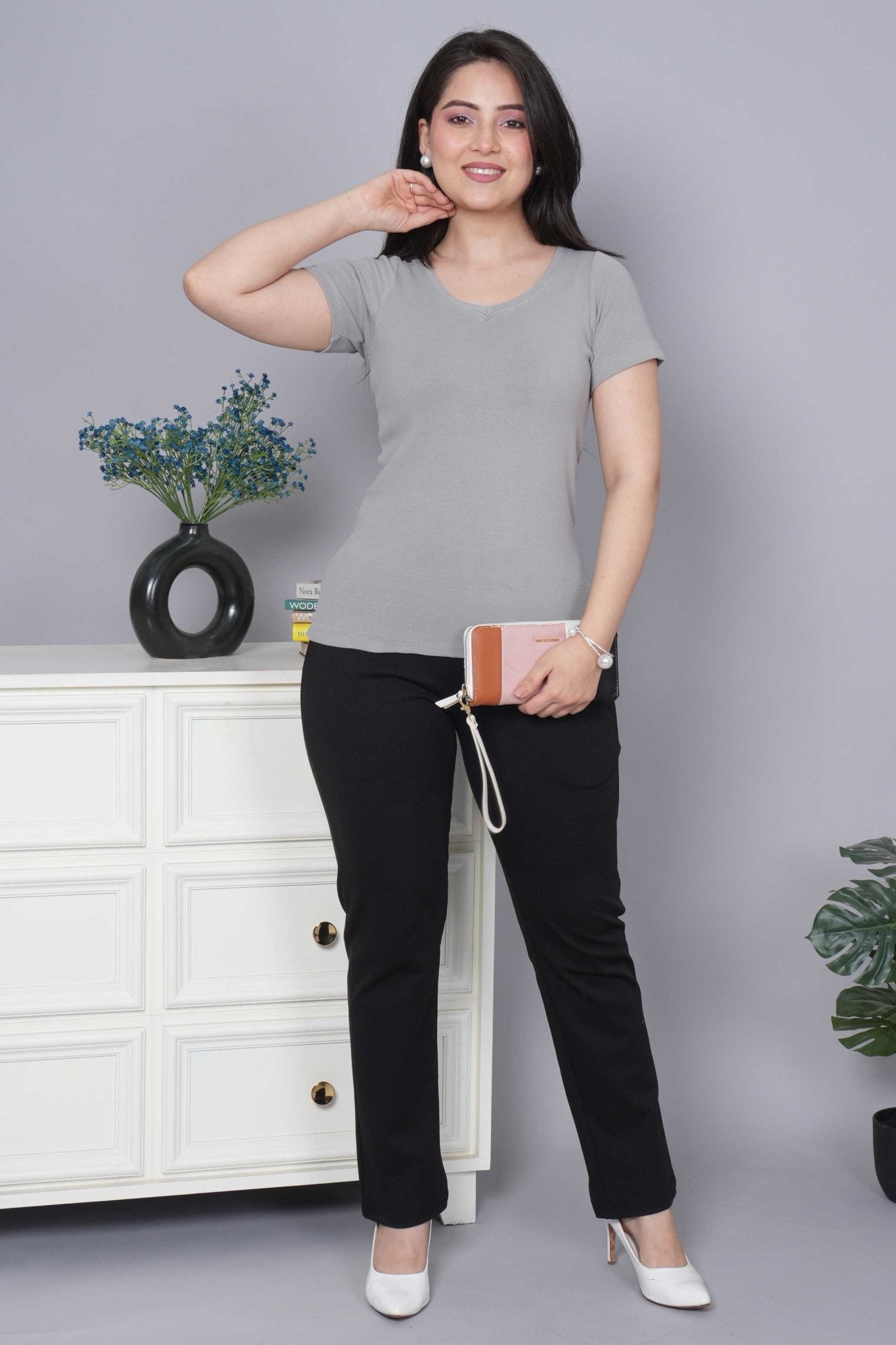 Elephant Grey Stretchable V Neck Rib T Shirt [ 100% USA HQ Cotton, 280 GSM non transparent fabric ] - Rib v neck t shirt