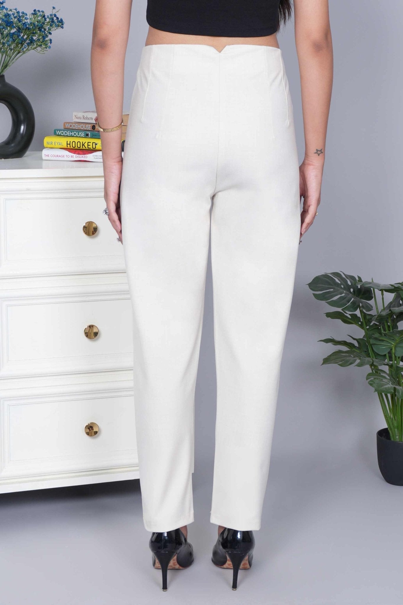 Fawn melange high waist pleated pant with spandex [Straight fit] - High waist pleated pant