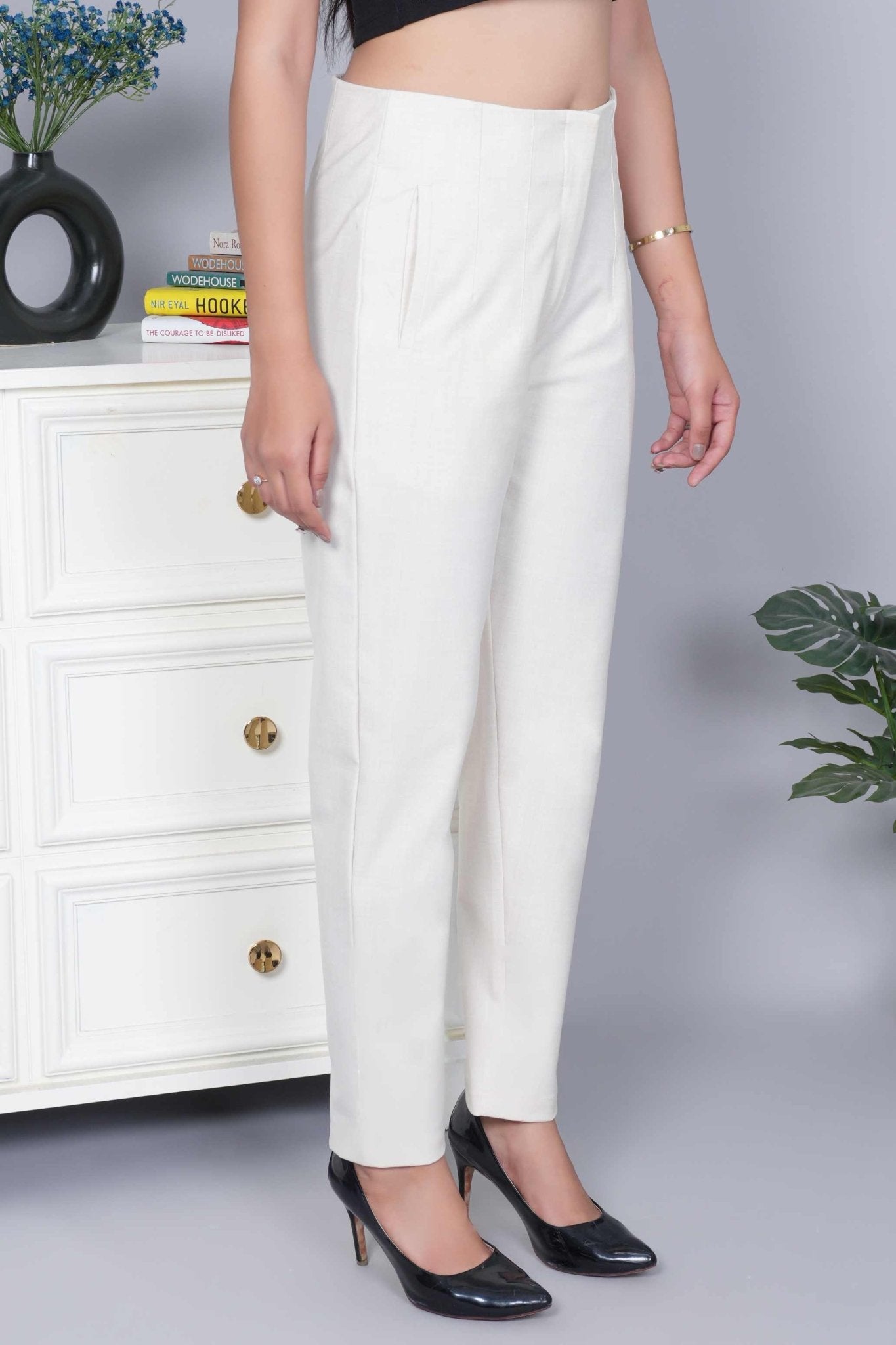 Fawn melange high waist pleated pant with spandex [Straight fit] - High waist pleated pant