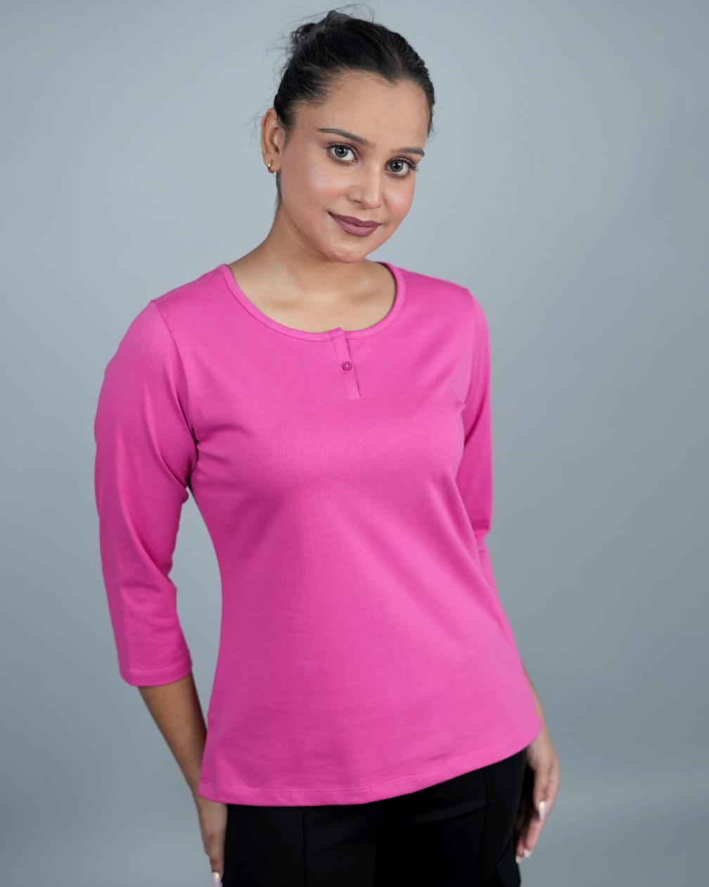 Fuchsia Henley Tshirt [Non transparent 220 gsm thick ] - Henley Tshirt