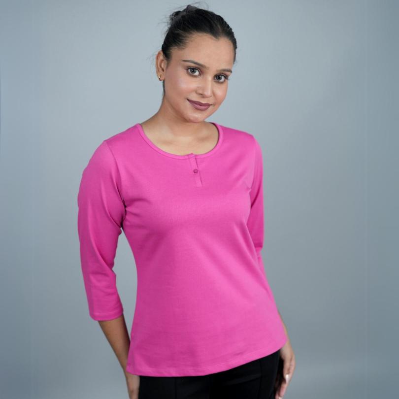 Fuchsia Henley Tshirt [Non transparent 220 gsm thick ] - Henley Tshirt