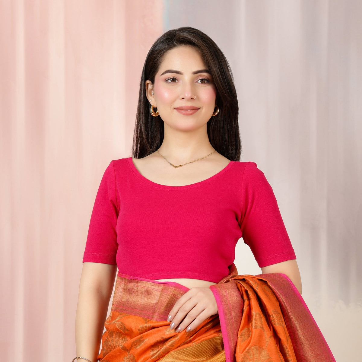 Fuchsia Rib Roundneck Half Sleeve Blouse [ 100% USA HQ Cotton, 280 GSM non transparent fabric ] -Rib blouse