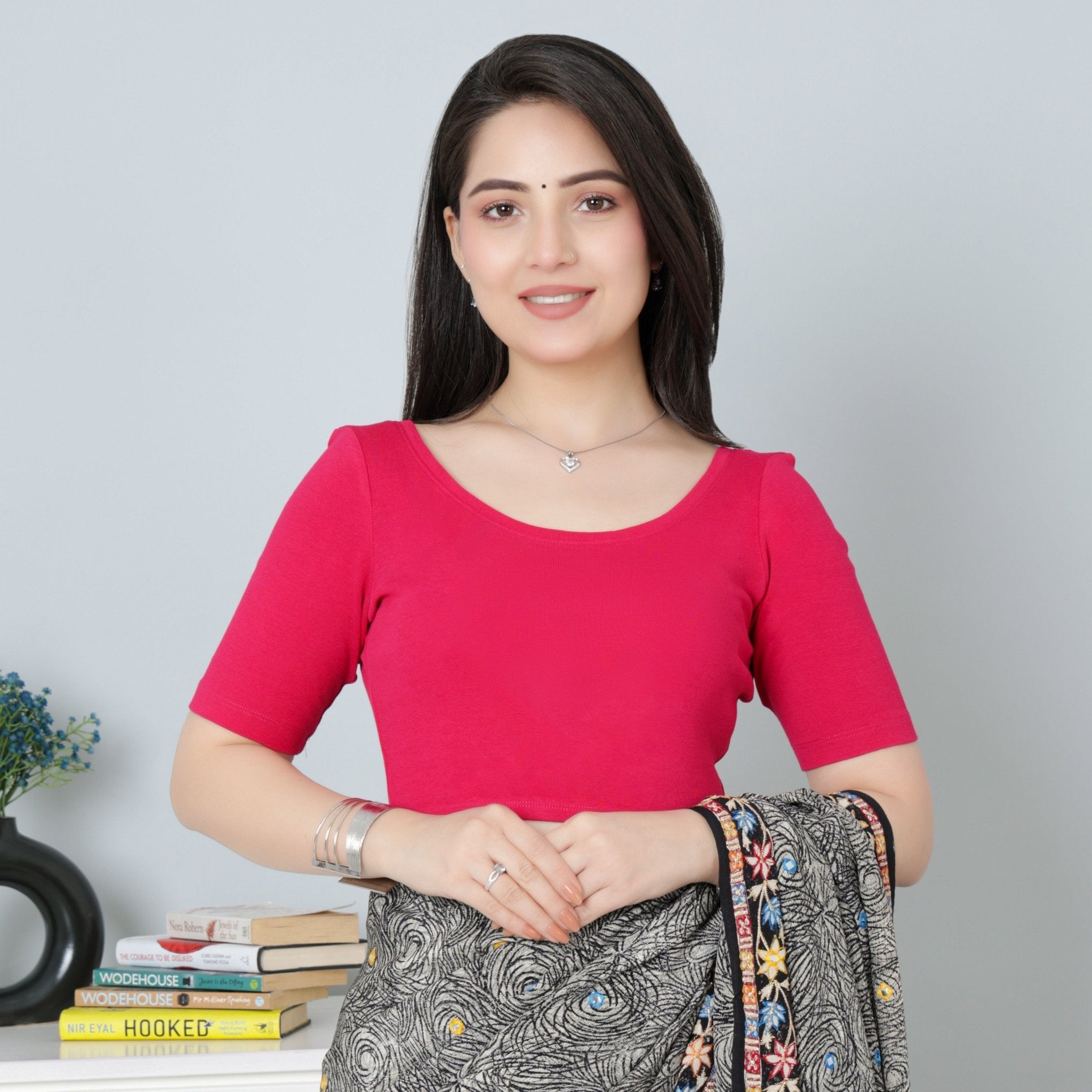 Fuchsia Rib Roundneck Half Sleeve Blouse [ 100% USA HQ Cotton, 280 GSM non transparent fabric ] - Rib blouse