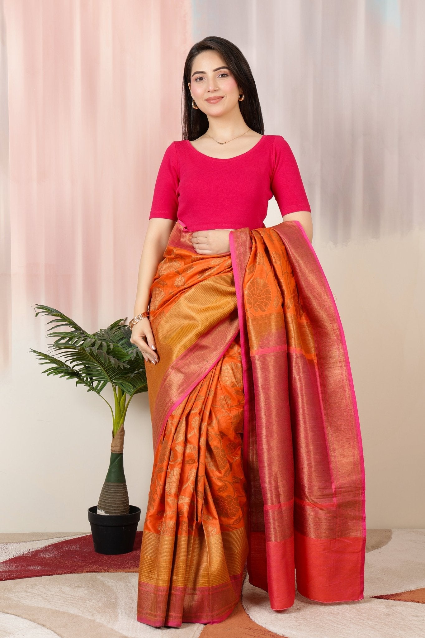 Fuchsia Rib Roundneck Half Sleeve Blouse [ 100% USA HQ Cotton, 280 GSM non transparent fabric ] -Rib blouse