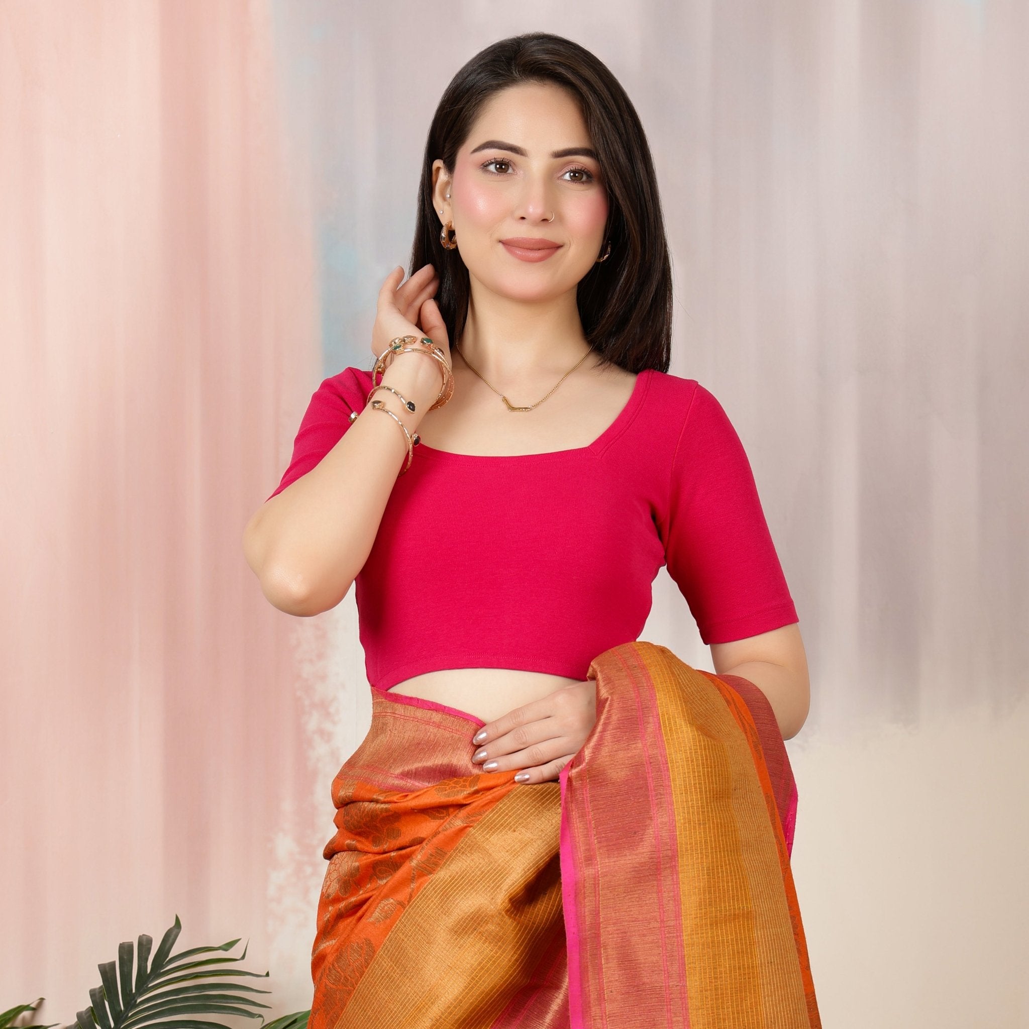 Fuchsia Rib Square Neck Half Sleeve Blouse [ 100% USA HQ Cotton, 280 GSM non transparent fabric ] -Rib blouse
