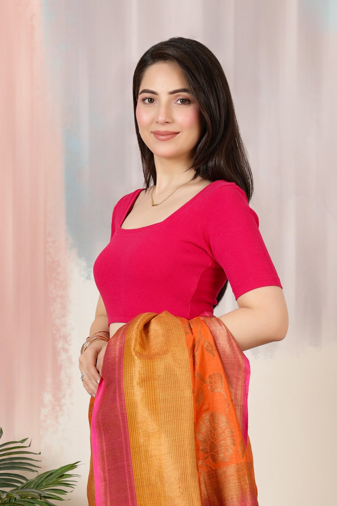 Fuchsia Rib Square Neck Half Sleeve Blouse [ 100% USA HQ Cotton, 280 GSM non transparent fabric ] -Rib blouse