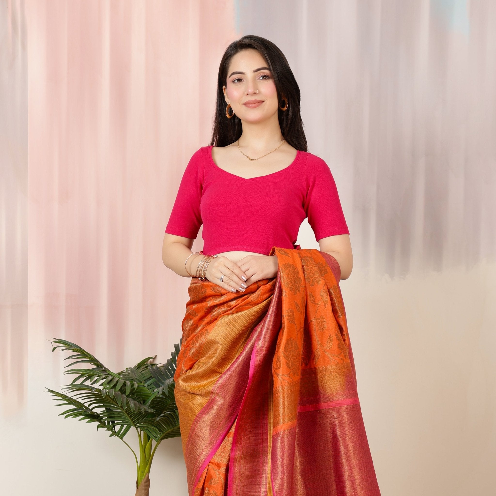 Fuchsia Rib Sweet Heart Neck Half Sleeve Blouse [ 100% USA HQ Cotton, 280 GSM non transparent fabric ] -Rib blouse
