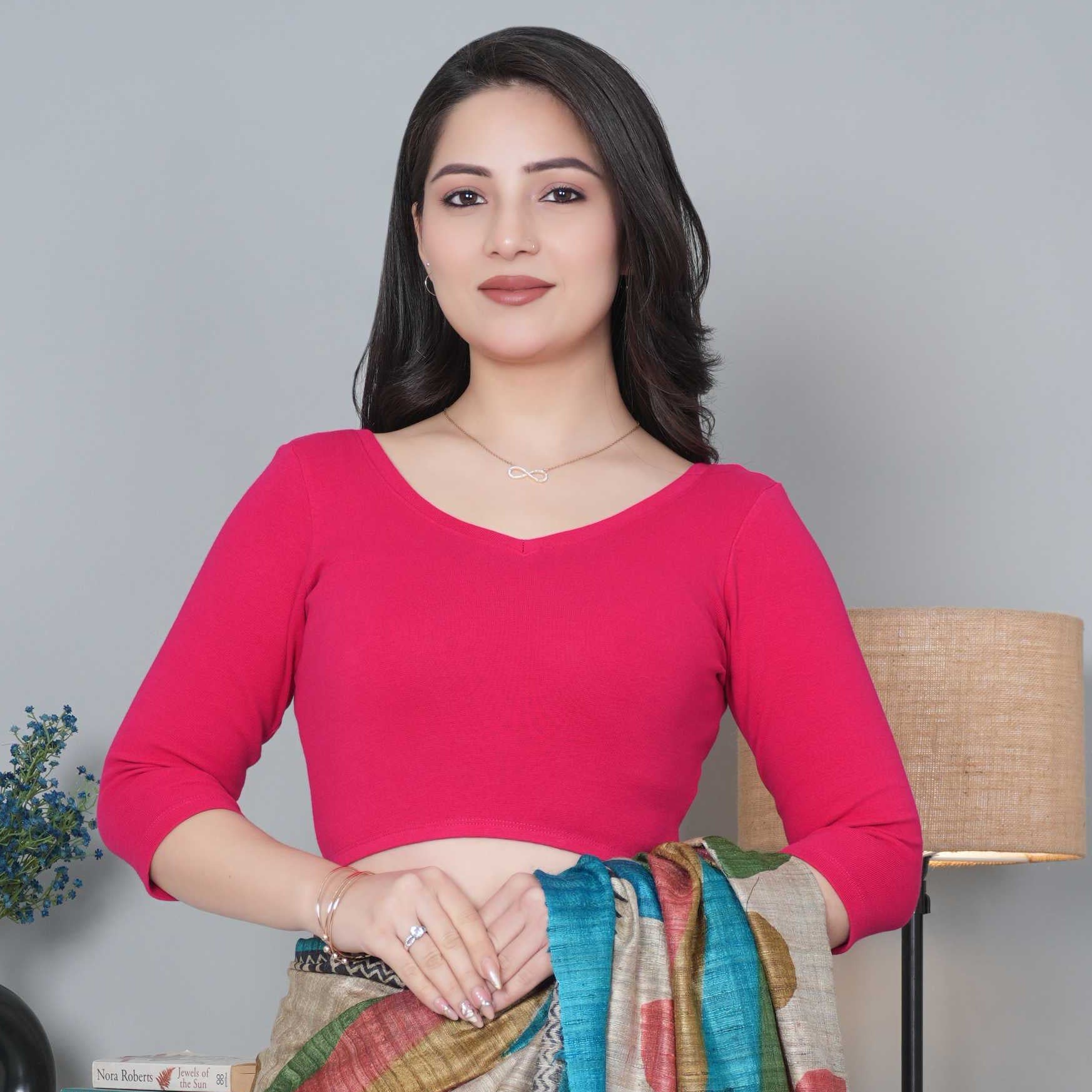 Fuchsia Rib V Neck 3/4 Sleeve Blouse [ 100% USA HQ Cotton, 280 GSM non transparent fabric ] - Rib blouse