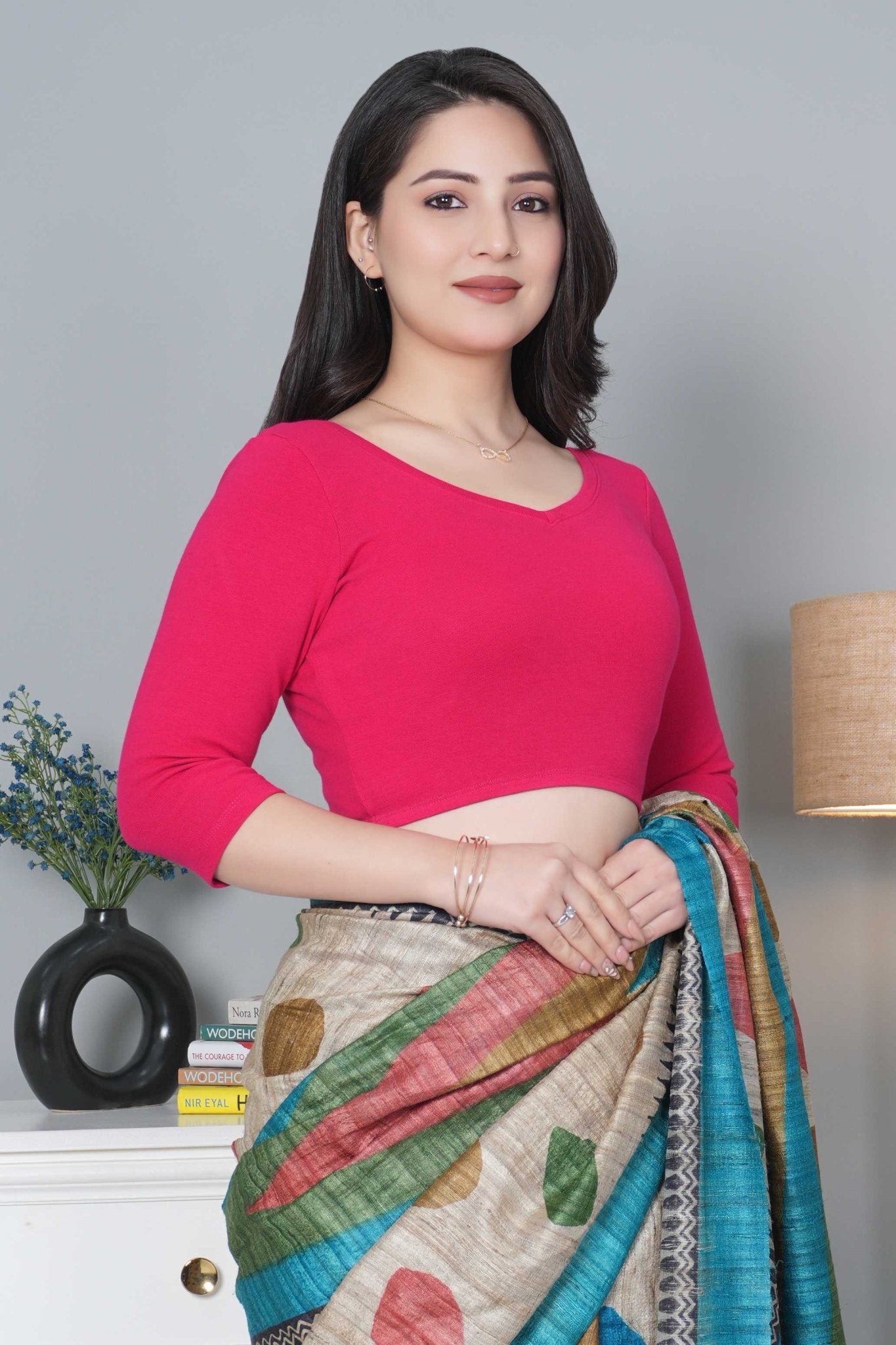 Fuchsia Rib V Neck 3/4 Sleeve Blouse [ 100% USA HQ Cotton, 280 GSM non transparent fabric ] - Rib blouse