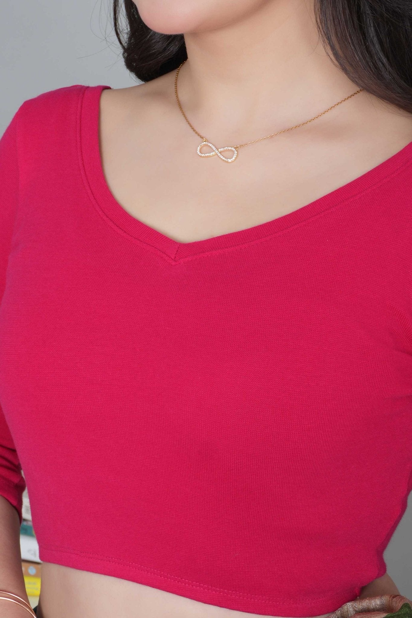 Fuchsia Rib V Neck 3/4 Sleeve Blouse [ 100% USA HQ Cotton, 280 GSM non transparent fabric ] - Rib blouse