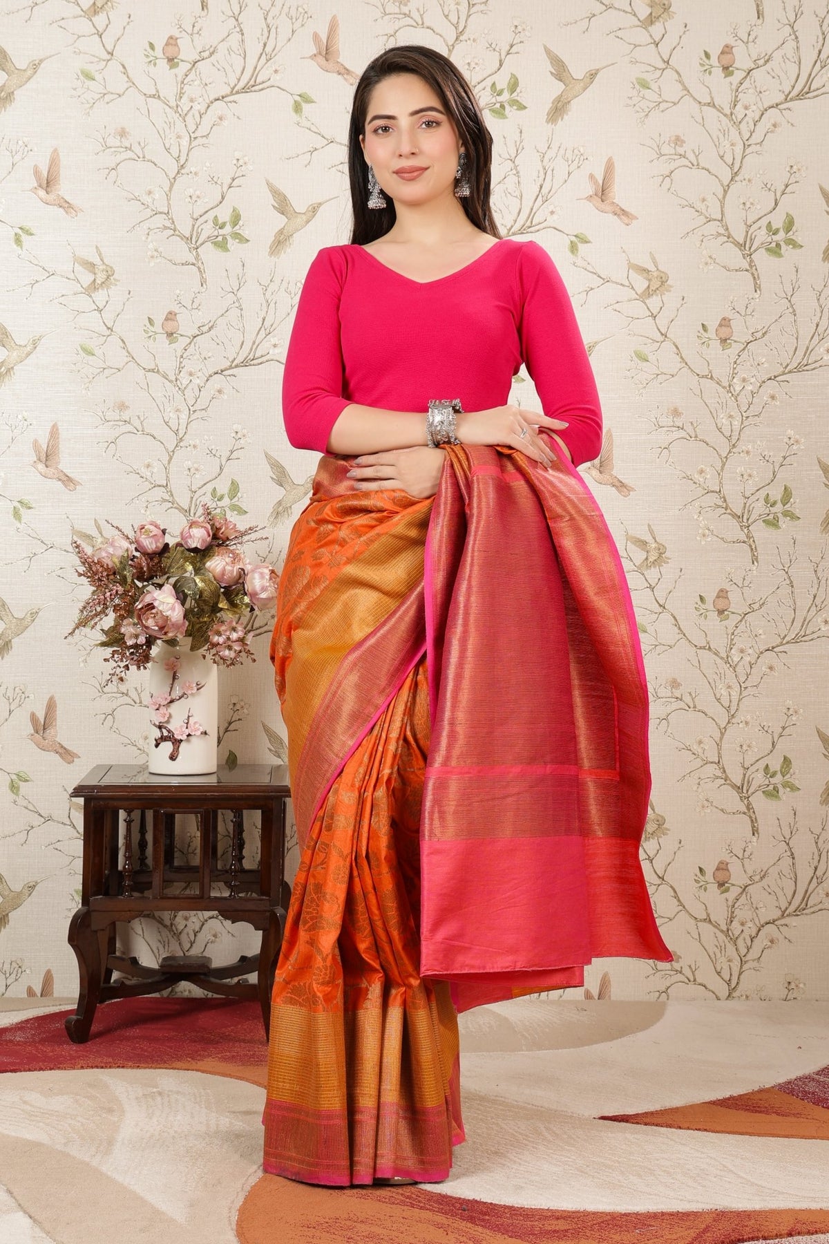Fuchsia Rib V Neck 3/4 Sleeve Blouse [ 100% USA HQ Cotton, 280 GSM non transparent fabric ] -Rib blouse