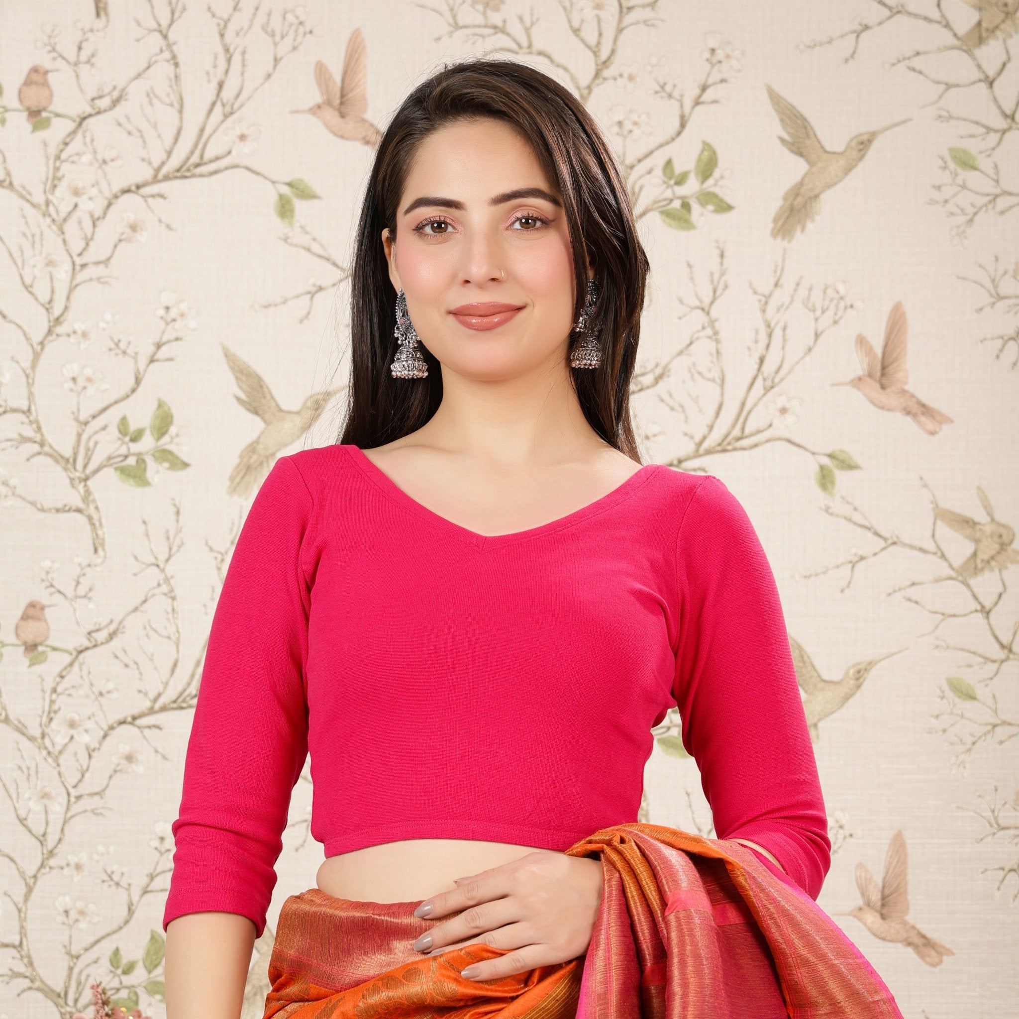 Fuchsia Rib V Neck 3/4 Sleeve Blouse [ 100% USA HQ Cotton, 280 GSM non transparent fabric ] -Rib blouse