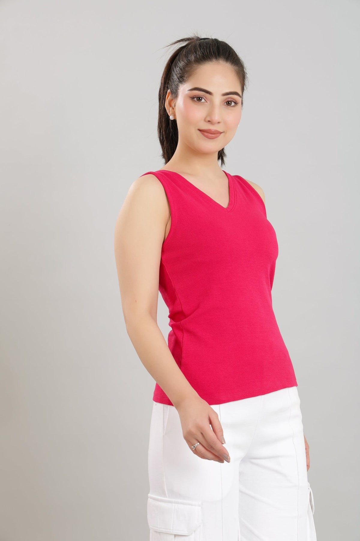 Fuchsia rib v-neck vest [ 280 GSM non transparent fabric ] -Rib top