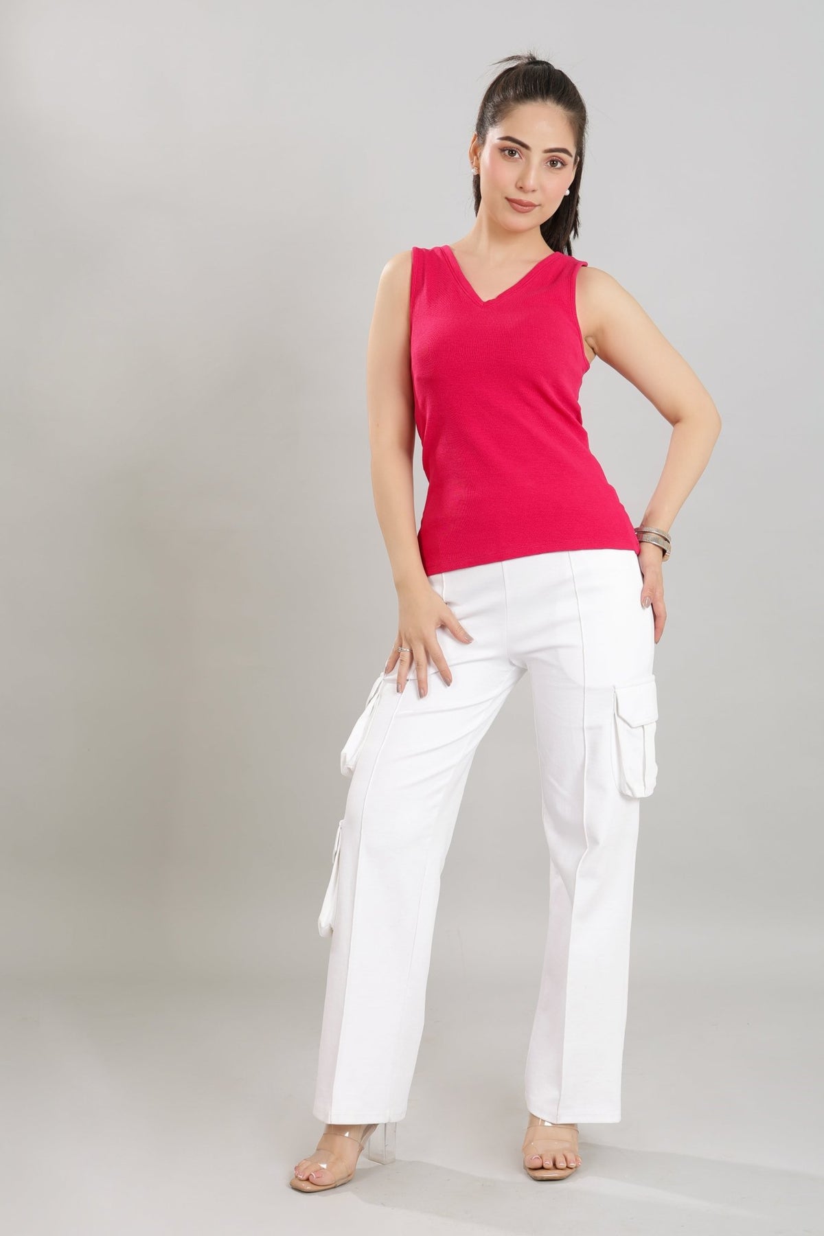 Fuchsia rib v-neck vest [ 280 GSM non transparent fabric ] -Rib top