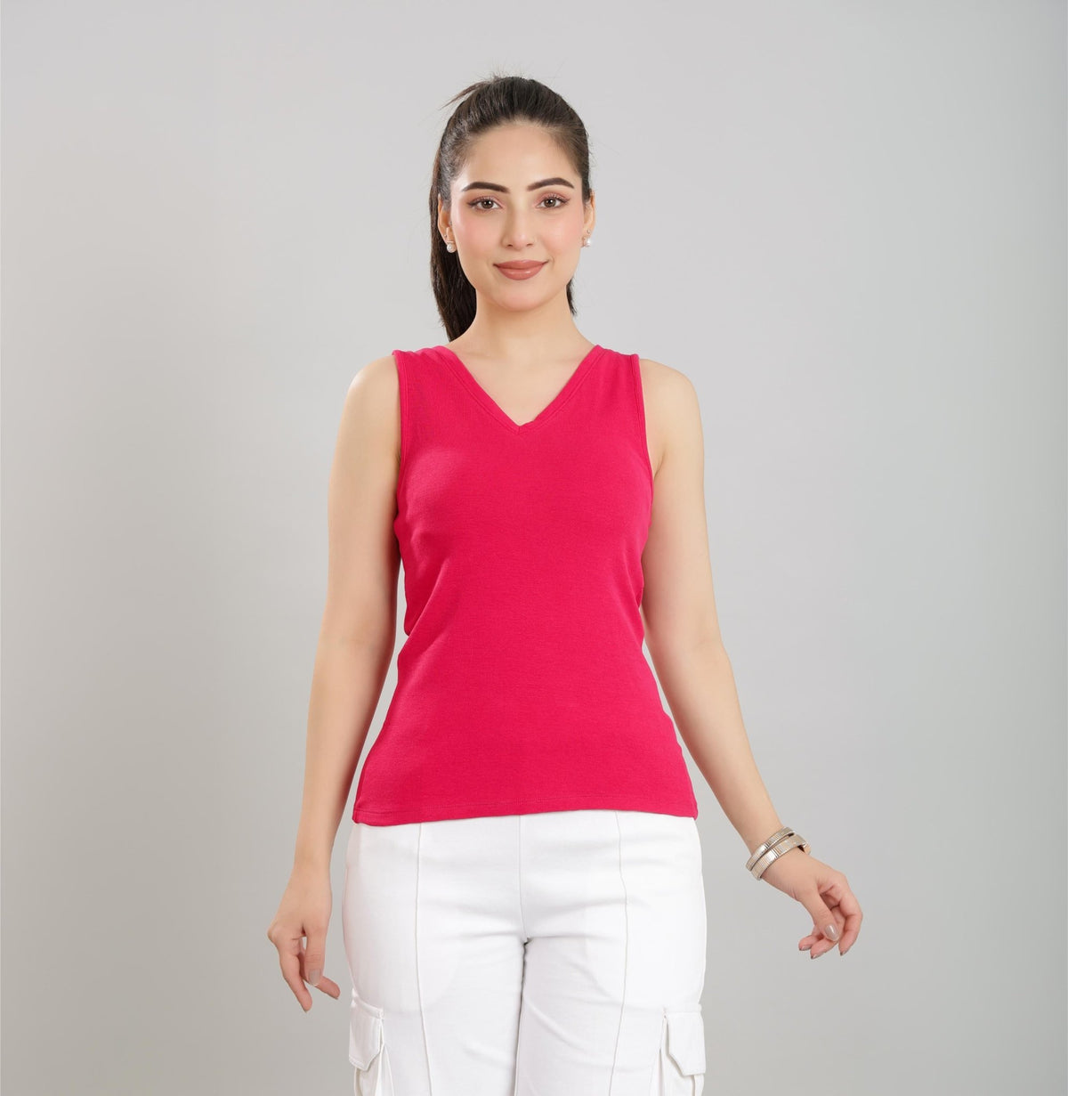 Fuchsia rib v-neck vest [ 280 GSM non transparent fabric ] -Rib top