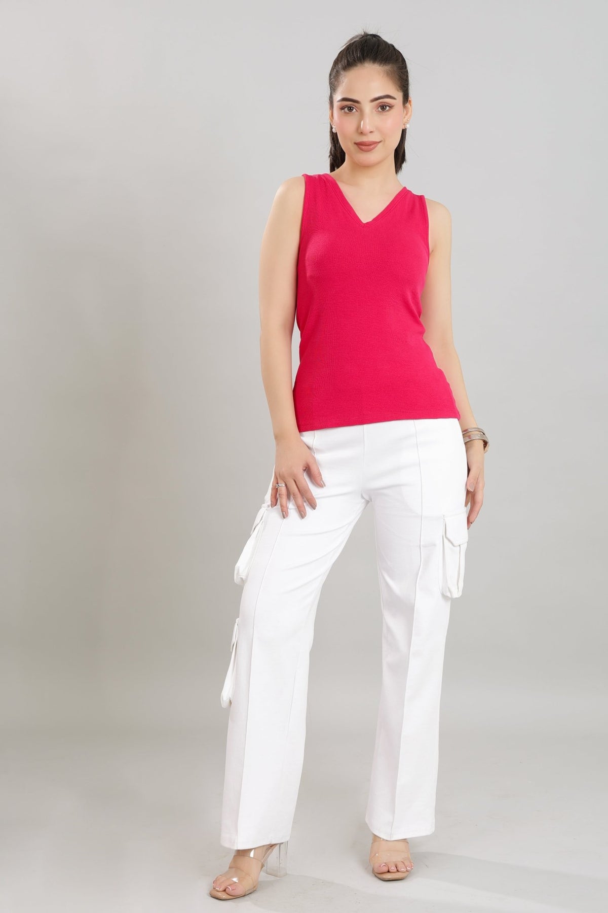 Fuchsia rib v-neck vest [ 280 GSM non transparent fabric ] -Rib top