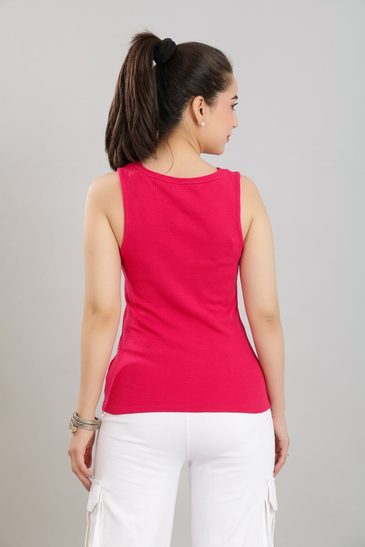 Fuchsia rib v-neck vest [ 280 GSM non transparent fabric ] -Rib top