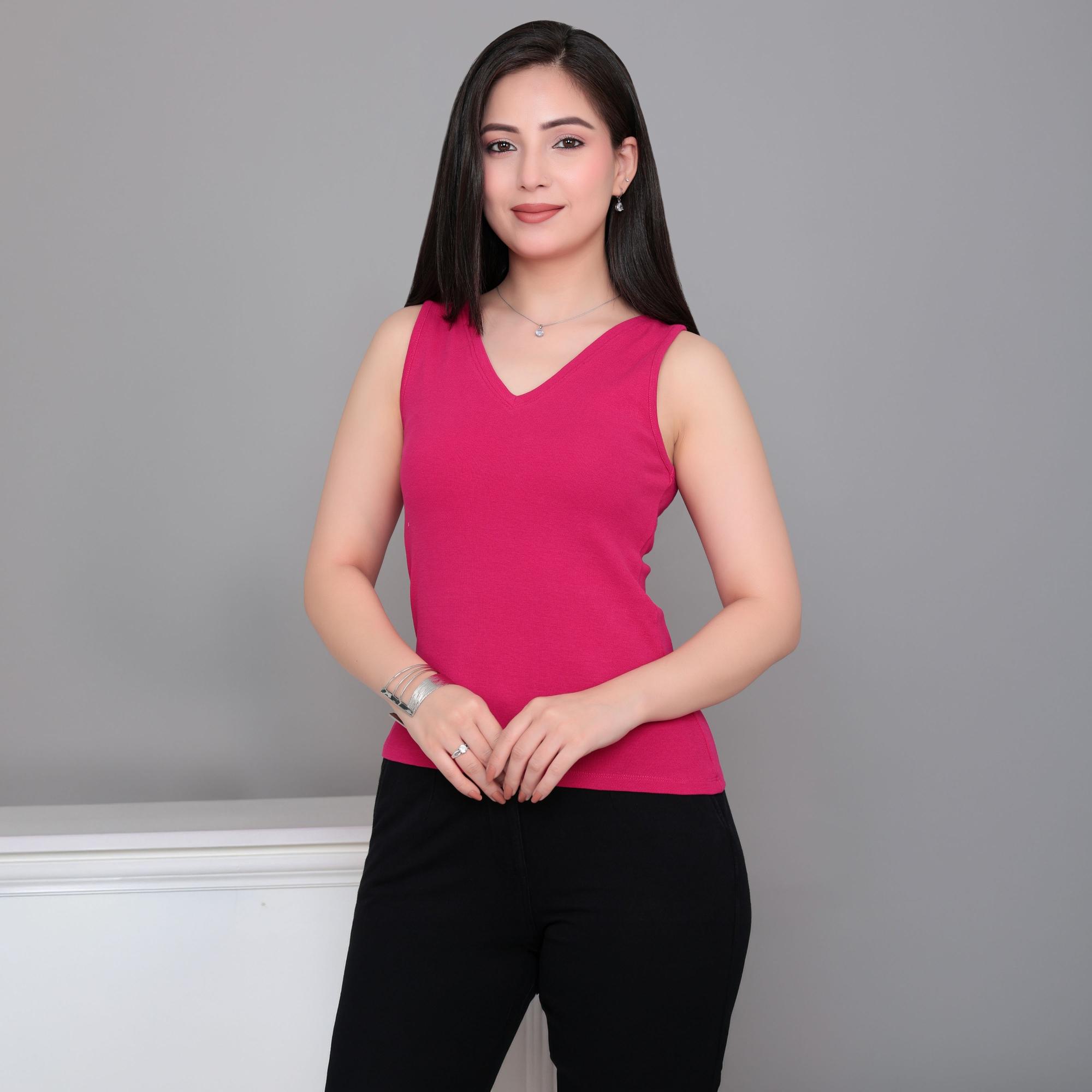 Fuchsia rib v-neck vest [ 280 GSM non transparent fabric ] -Rib top