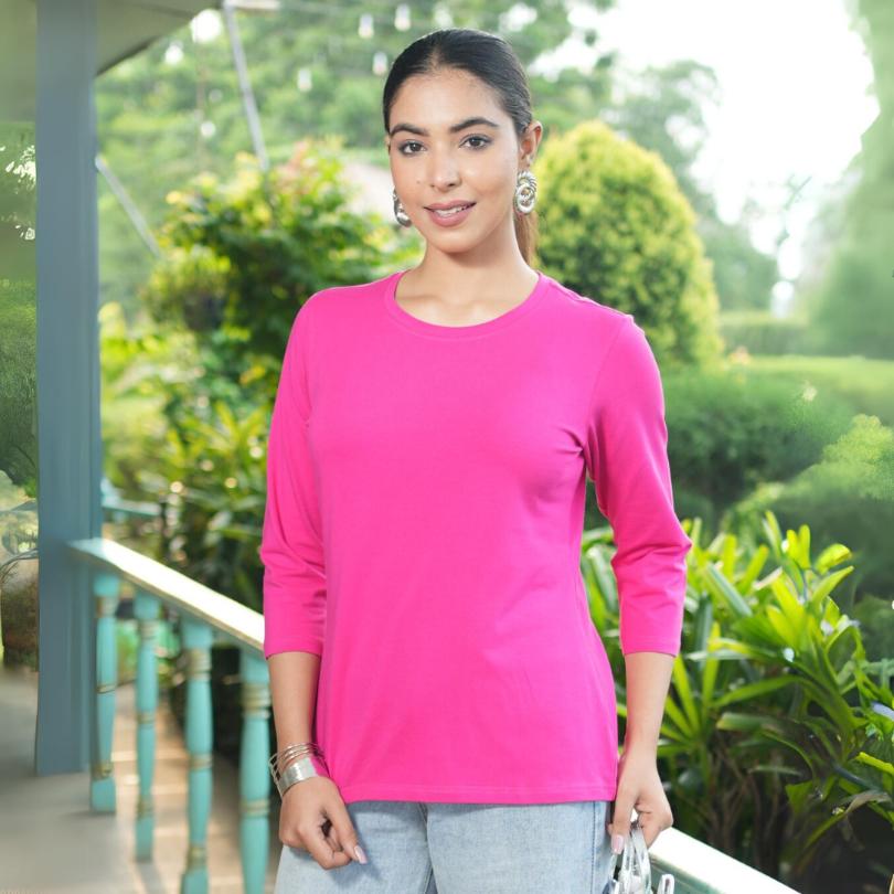 Fuchsia Round Neck Cotton full Sleeve T Shirt - Cotton t shirt