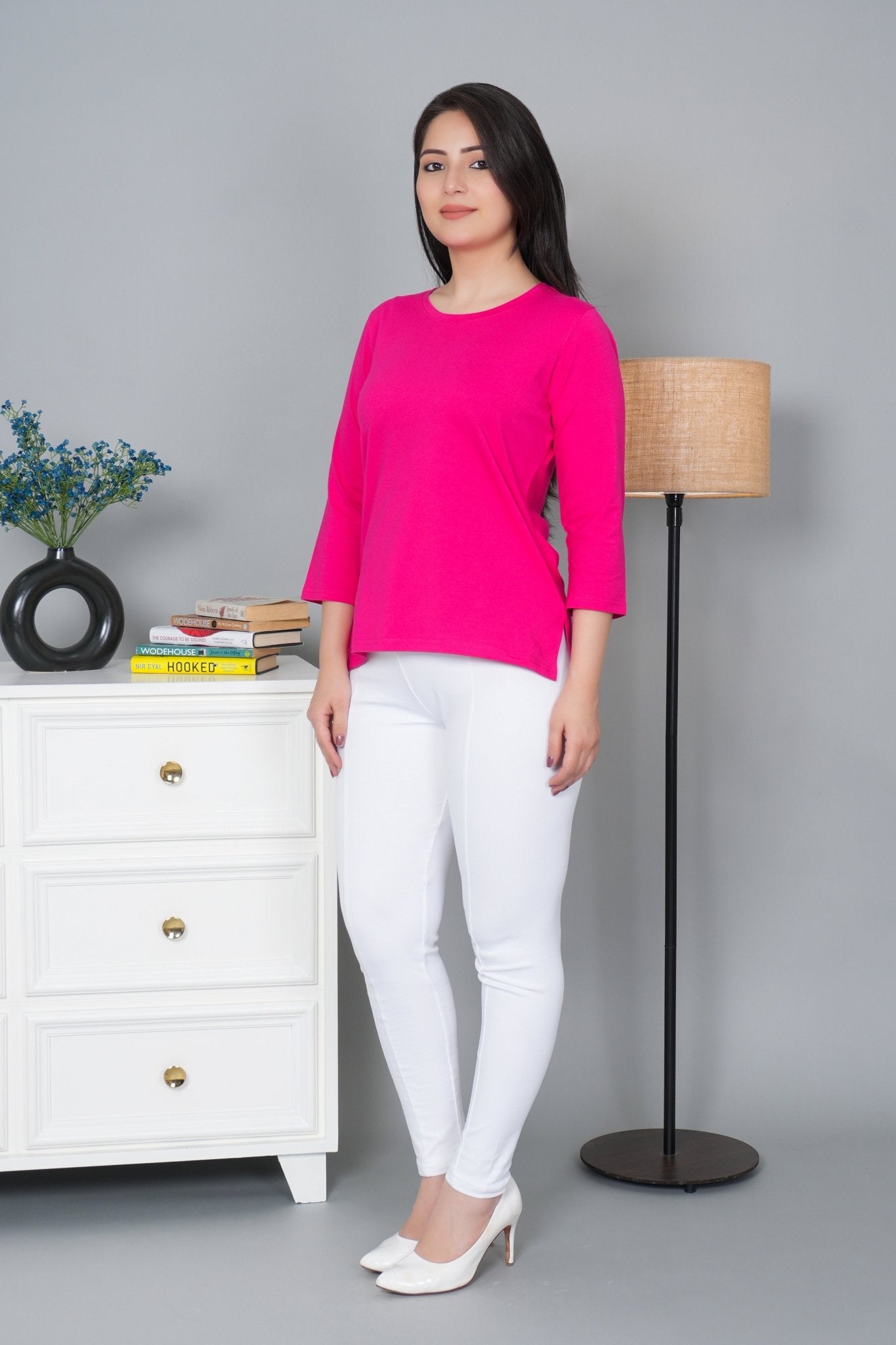 Fuchsia Round Neck Cotton Lycra 3/4 Sleeve T Shirt - Cotton t shirt