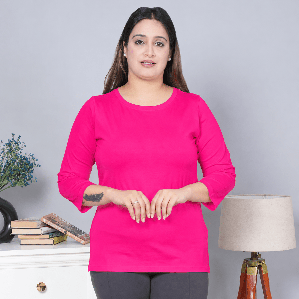 Fuchsia Round Neck Cotton Lycra 3/4 Sleeve T Shirt -Cotton t shirt