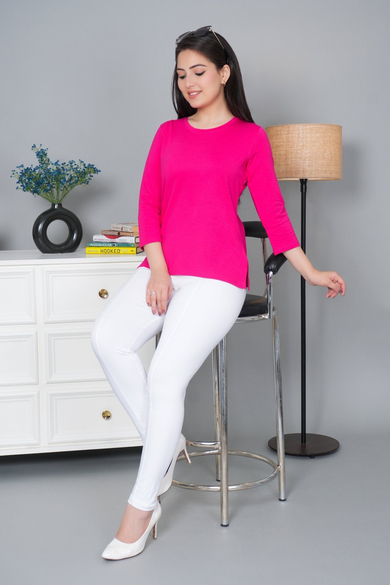 Fuchsia Round Neck Cotton Lycra 3/4 Sleeve T Shirt - Cotton t shirt