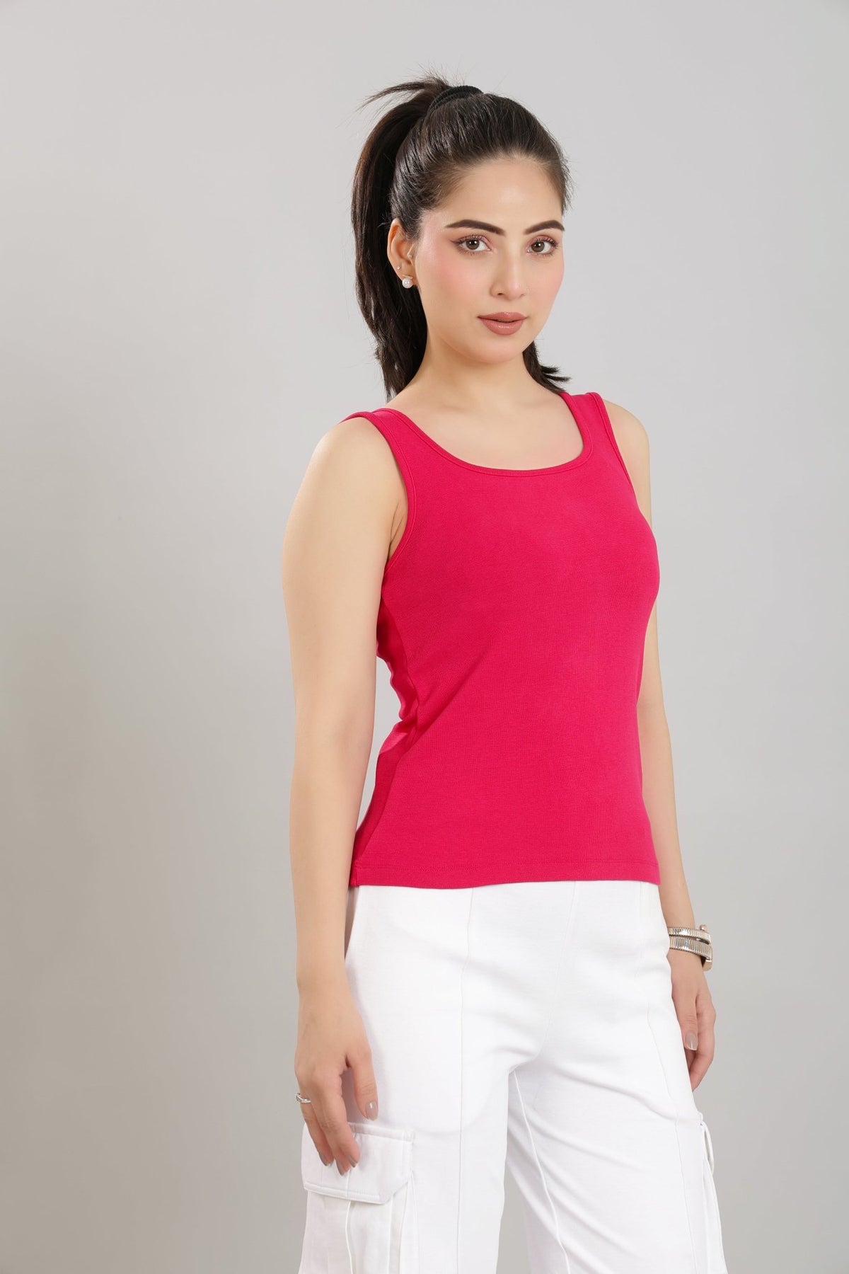 Fuchsia square neck tank top [ 280 GSM non transparent fabric ] -Rib top
