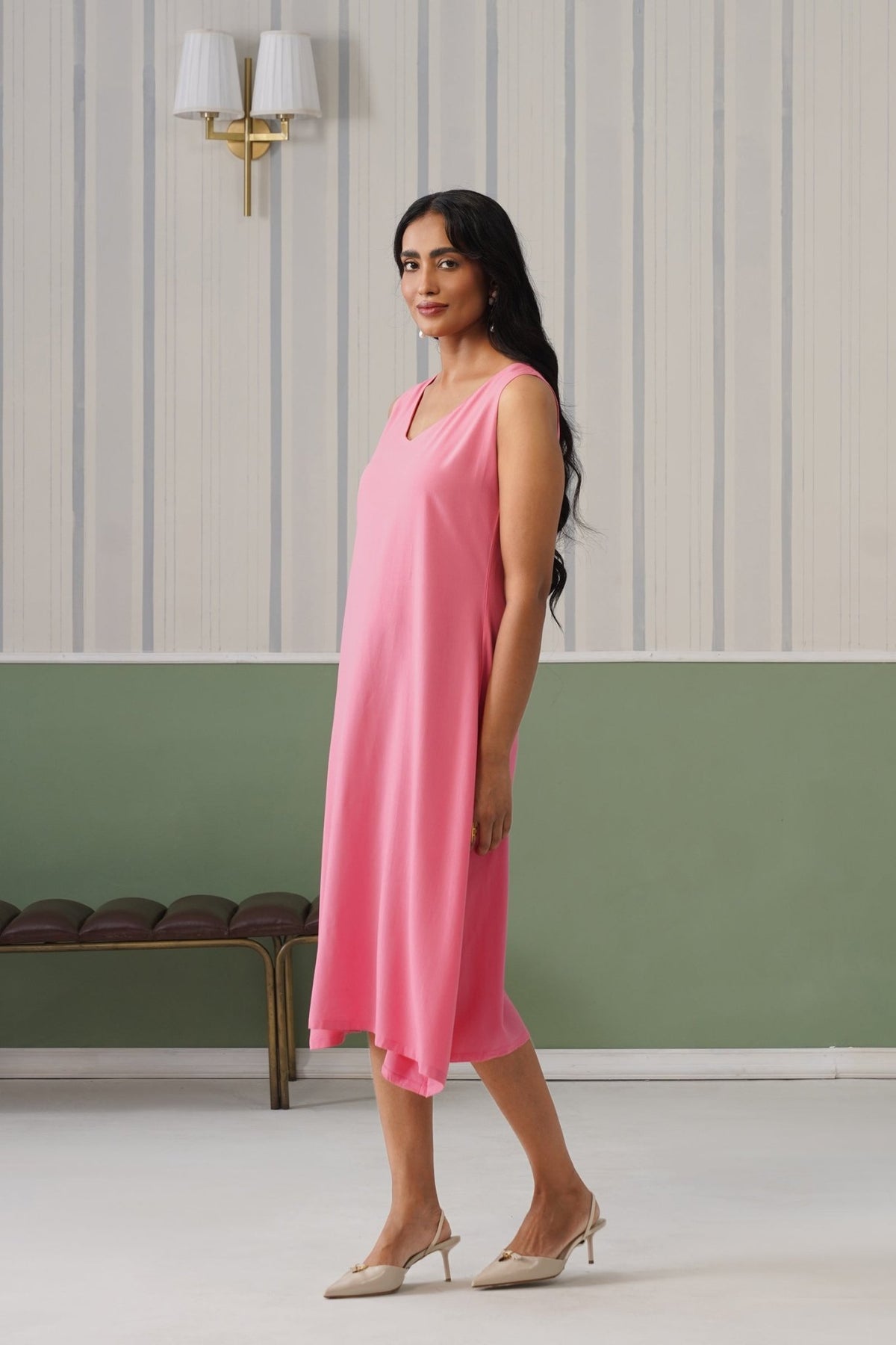 Georgia Peach rayon line dress with pocket [ Premium 100% Rayon, Liva Certified ] -Rayon line dress with pocket