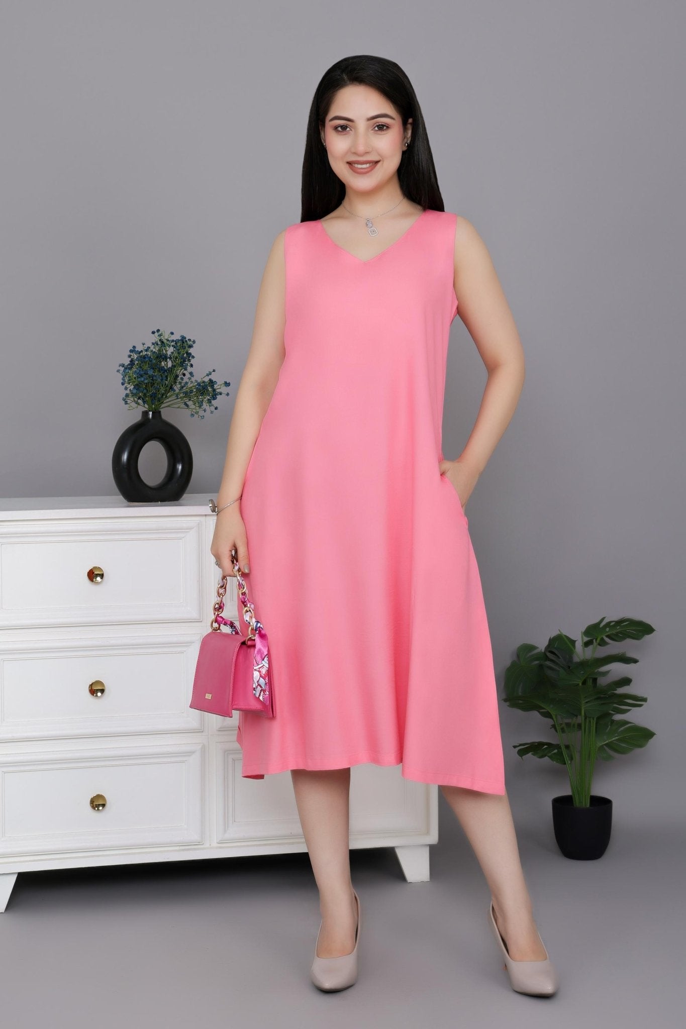 Georgia Peach rayon line dress with pocket [ Premium 100% Rayon, Liva Certified ] - Rayon line dress with pocket