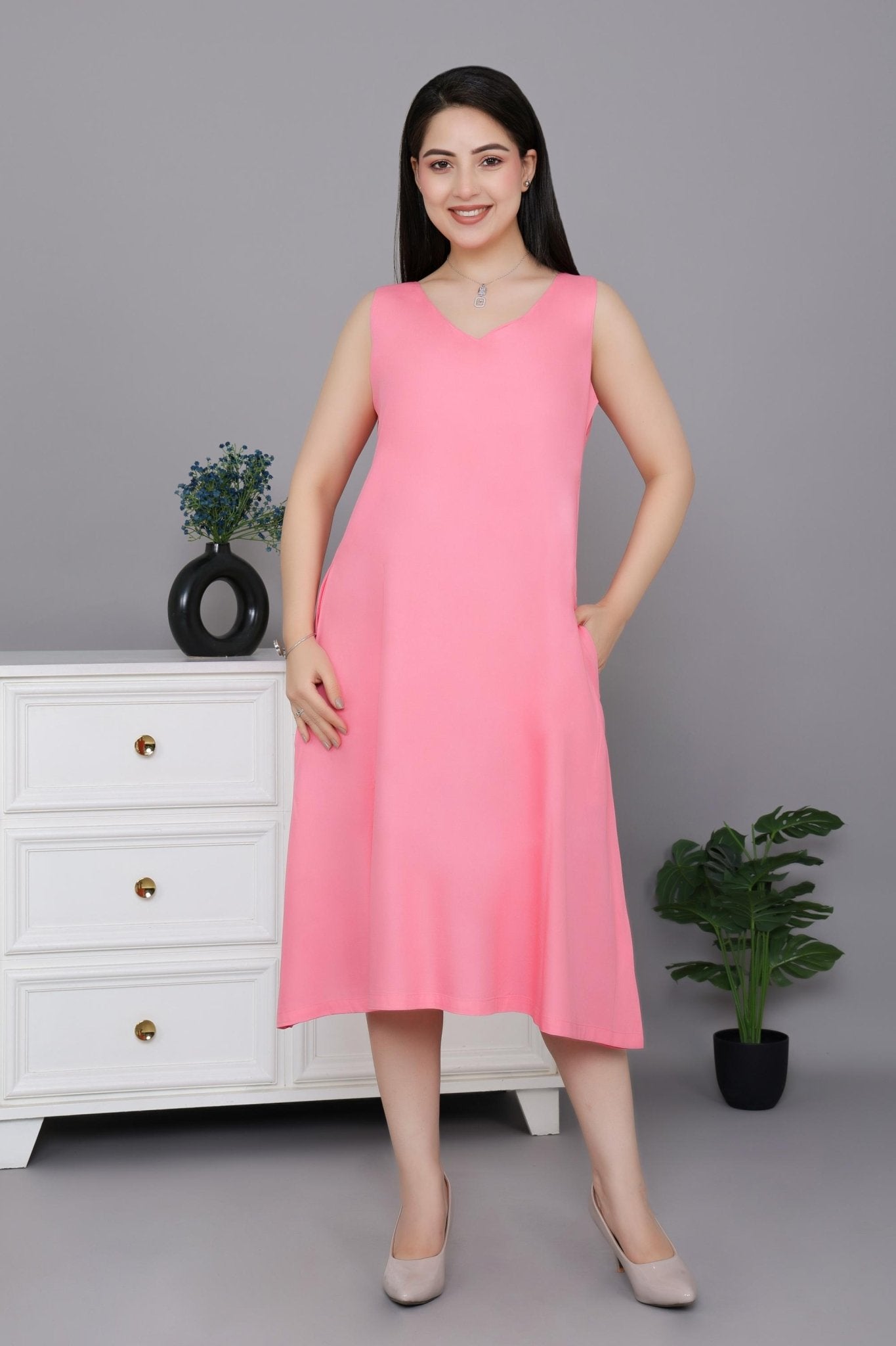 Georgia Peach rayon line dress with pocket [ Premium 100% Rayon, Liva Certified ] - Rayon line dress with pocket