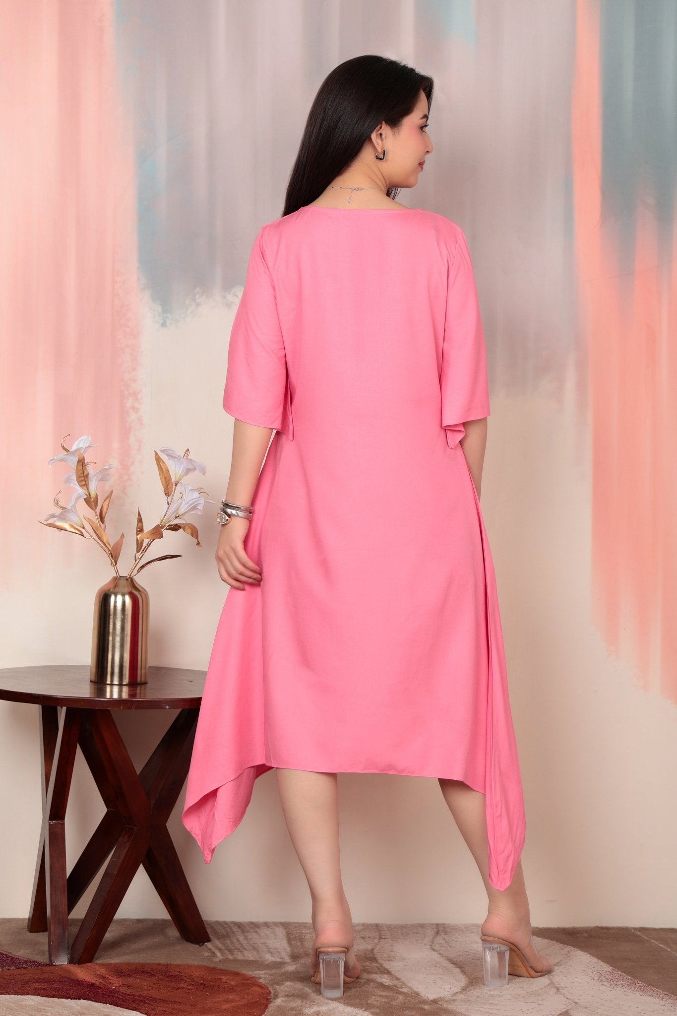 Georgia Peach v-neck line dress with sleeves [ Premium 100% Rayon, Liva Certified ] -Rayon flare dress with pocket