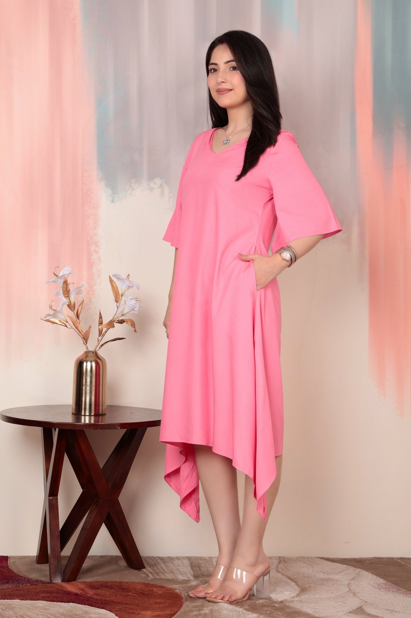 Georgia Peach v-neck line dress with sleeves [ Premium 100% Rayon, Liva Certified ] -Rayon flare dress with pocket