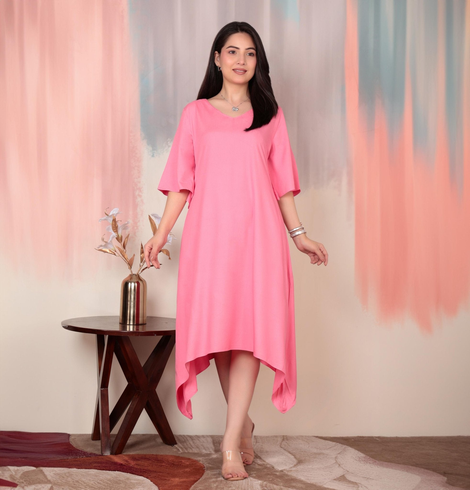 Georgia Peach v-neck line dress with sleeves [ Premium 100% Rayon, Liva Certified ] -Rayon flare dress with pocket