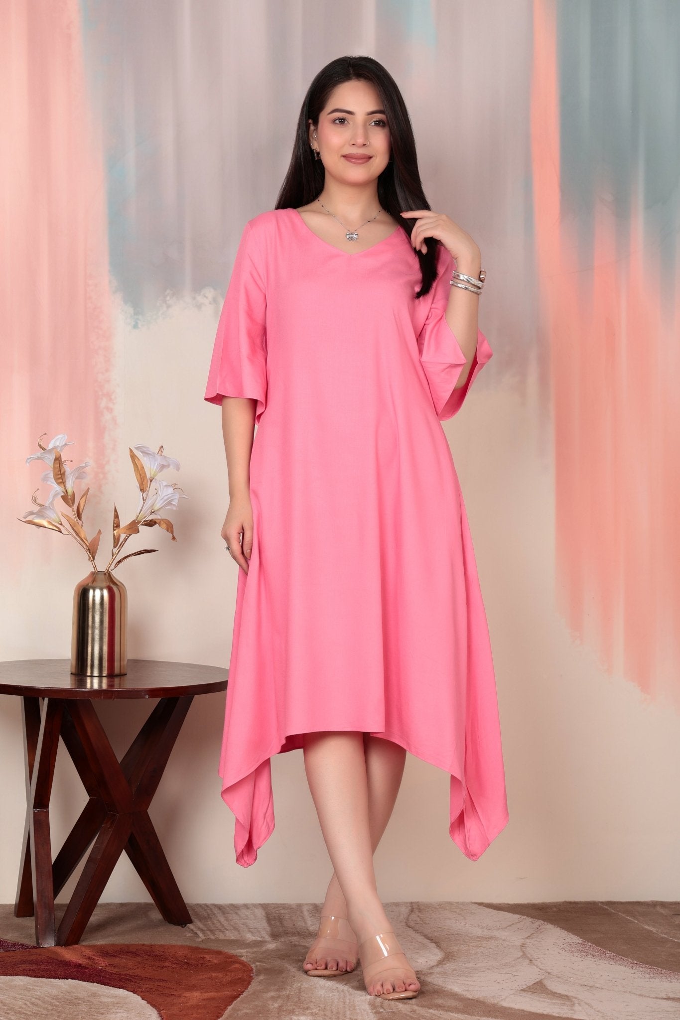 Georgia Peach v-neck line dress with sleeves [ Premium 100% Rayon, Liva Certified ] -Rayon flare dress with pocket