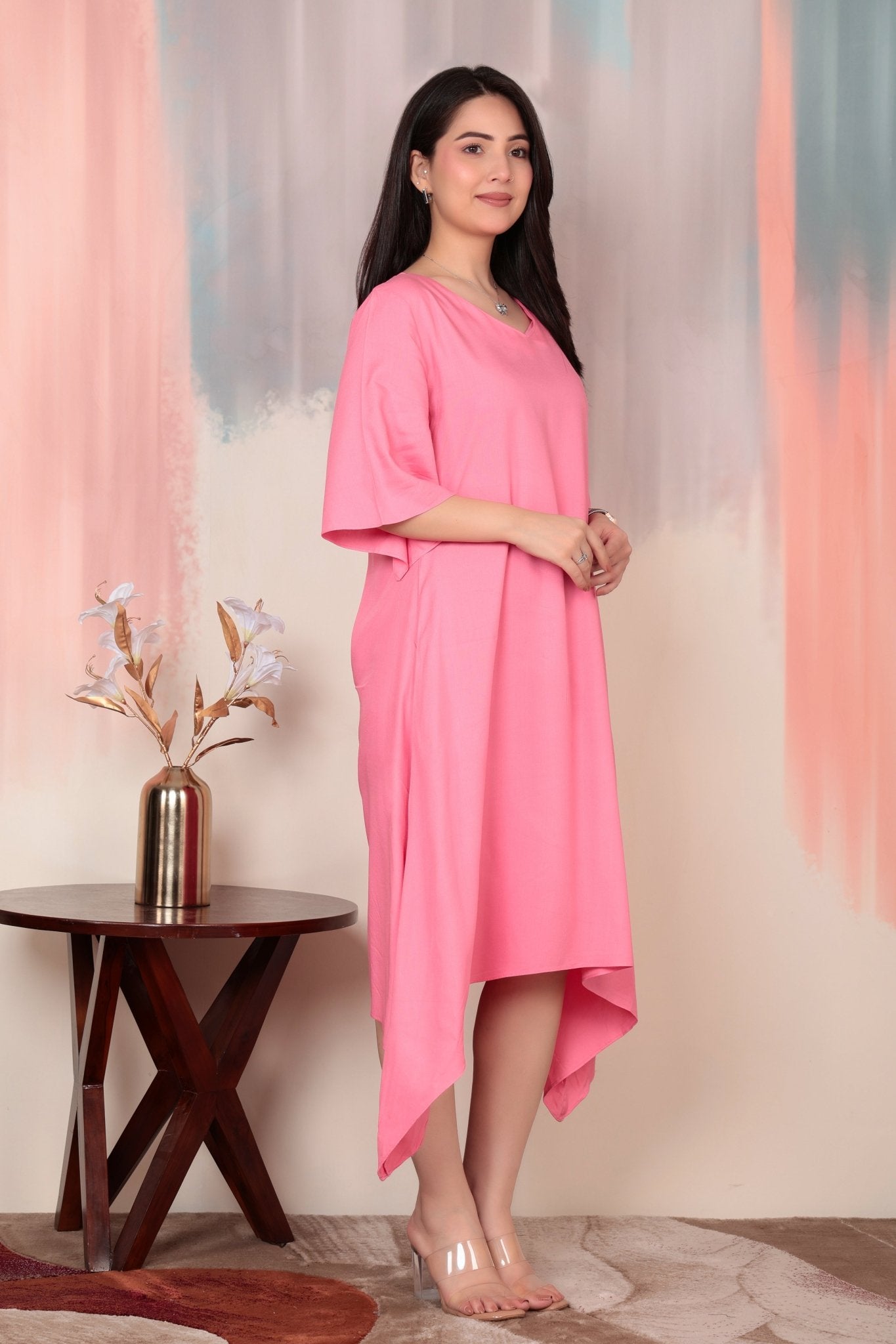 Georgia Peach v-neck line dress with sleeves [ Premium 100% Rayon, Liva Certified ] -Rayon flare dress with pocket