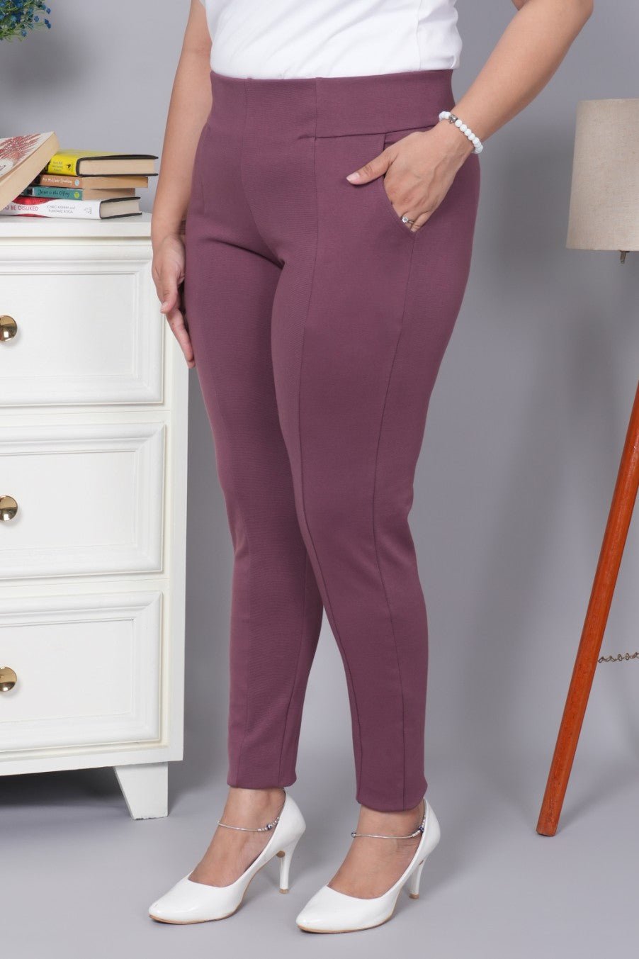 Grape shake stretchable biowash USA HQ cotton premium jegging pant with pockets & superior elastic belt. - Milano jegging pants with pcoket