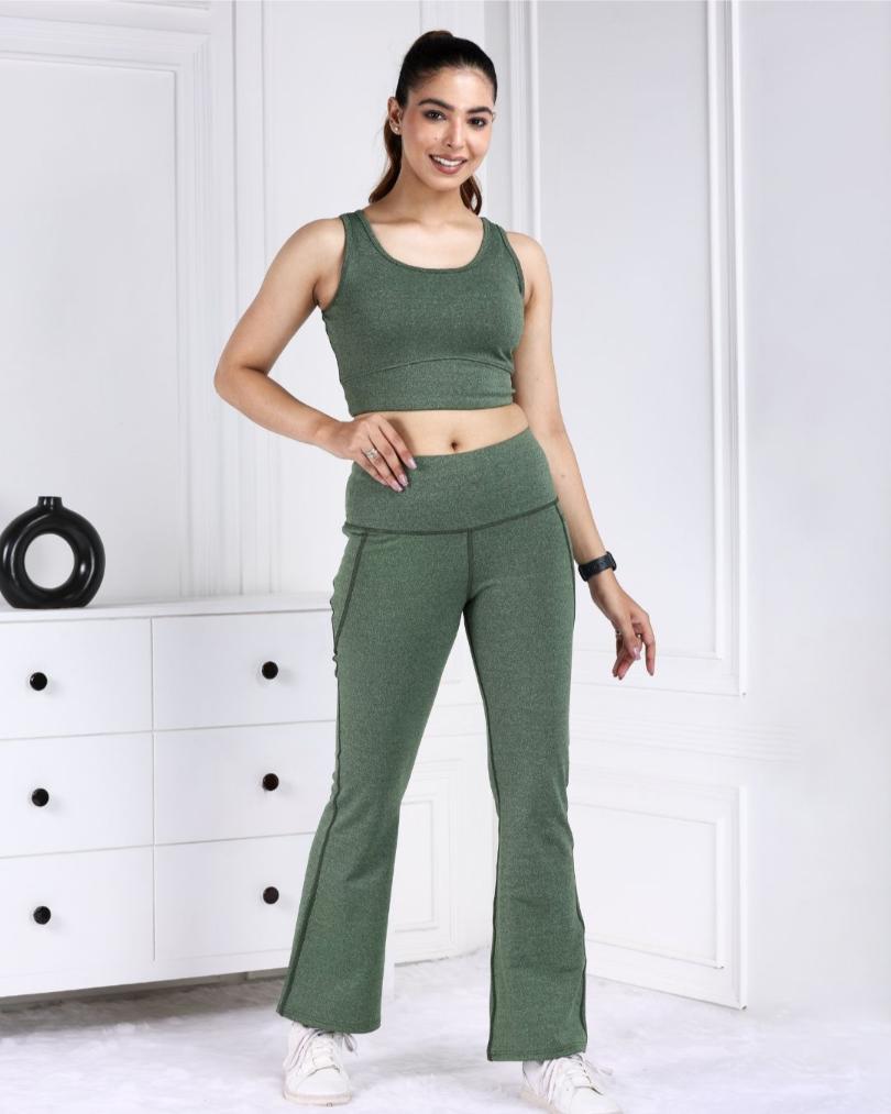 Green Melange Active Flare Pants - Active melange flare pants