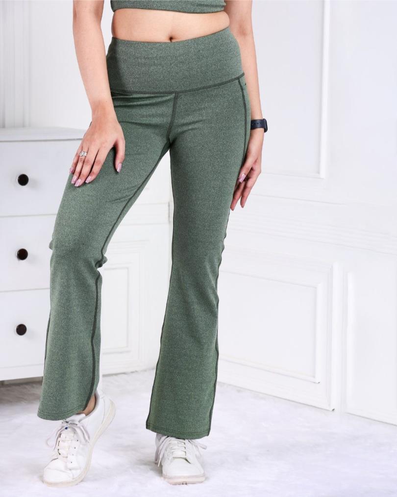 Green Melange Active Flare Pants - Active melange flare pants