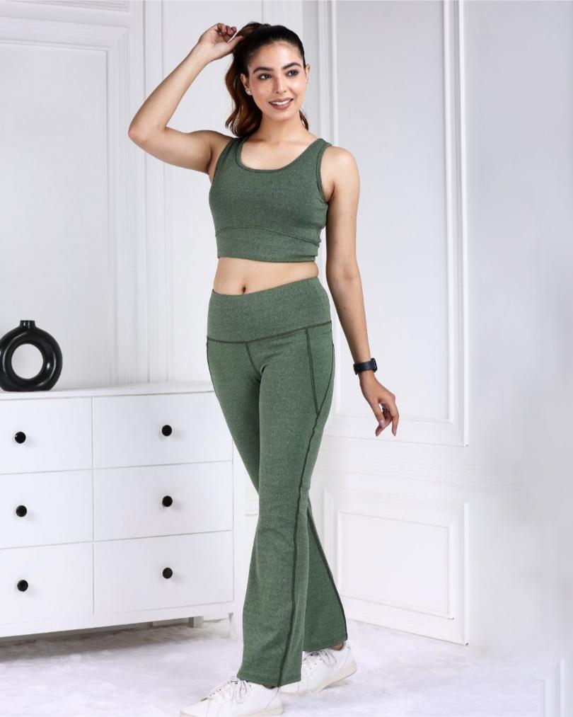 Green Melange Active Flare Pants - Active melange flare pants