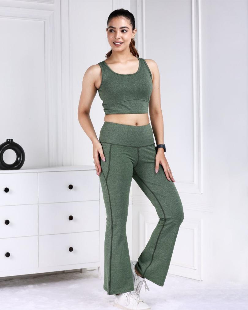 Green Melange Active Flare Pants - Active melange flare pants