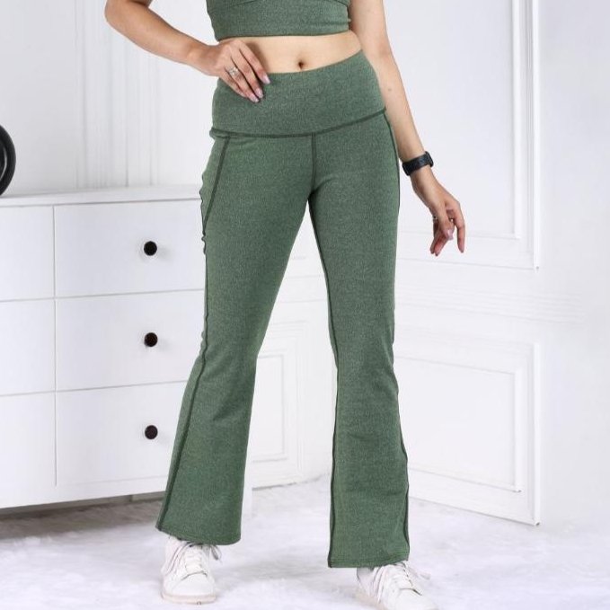 Green Melange Active Flare Pants - Active melange flare pants