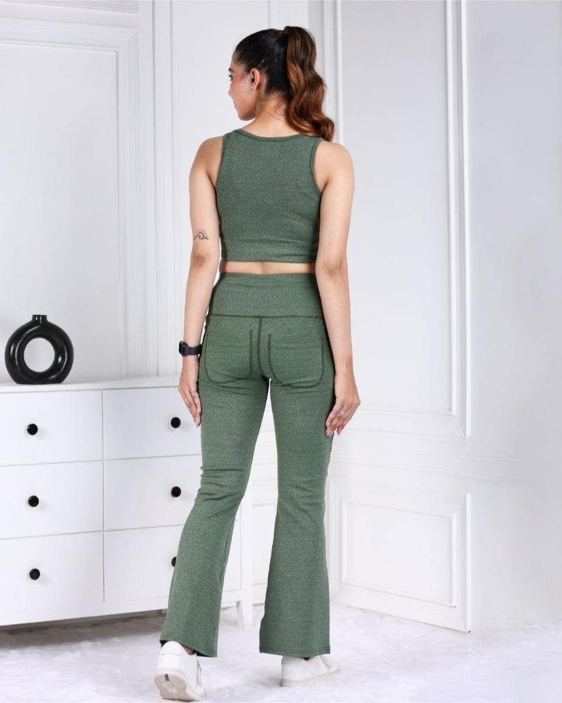 Green Melange Active Flare Pants - Active melange flare pants