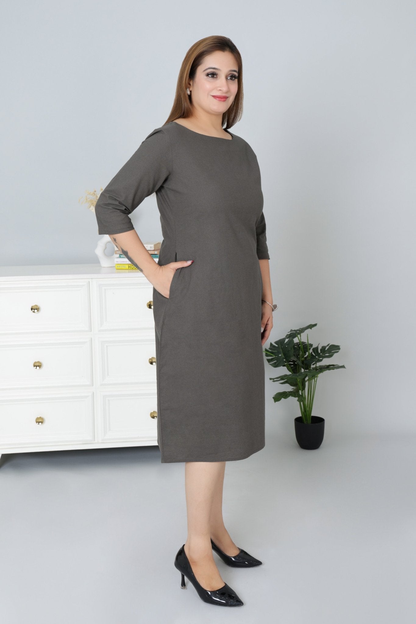 Grey cotton full sleeve midi dress with pocket [100% pure cotton] - Cotton pocket midi dress